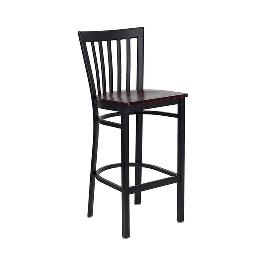 Black School House Back Metal Restaurant Barstool - Mahogany Wood Seat