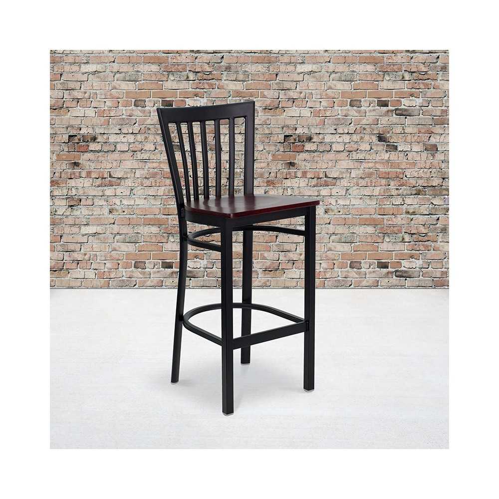 Black School House Back Metal Restaurant Barstool - Mahogany Wood Seat