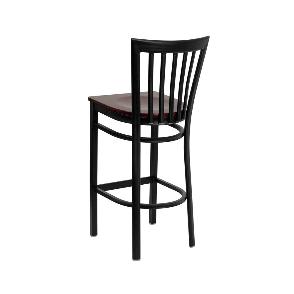 Black School House Back Metal Restaurant Barstool - Mahogany Wood Seat