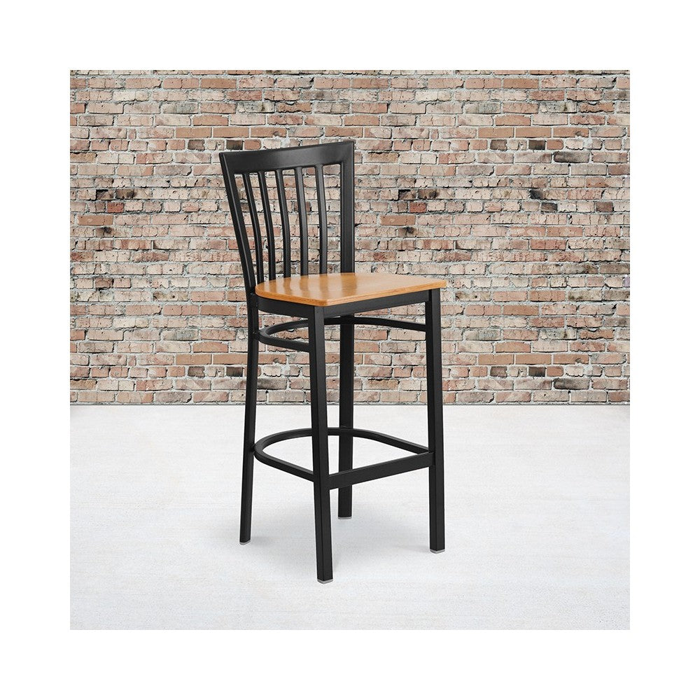 Black School House Back Metal Restaurant Barstool - Natural Wood Seat