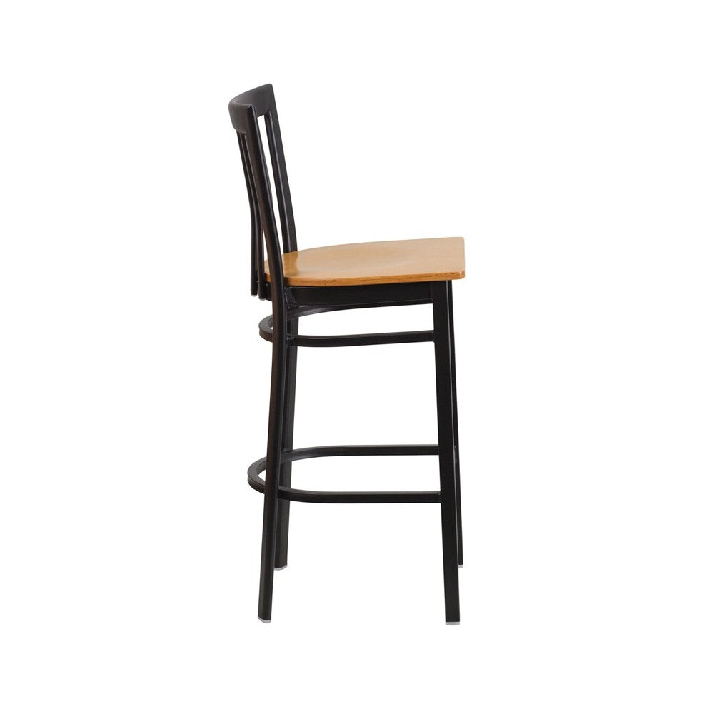 Black School House Back Metal Restaurant Barstool - Natural Wood Seat