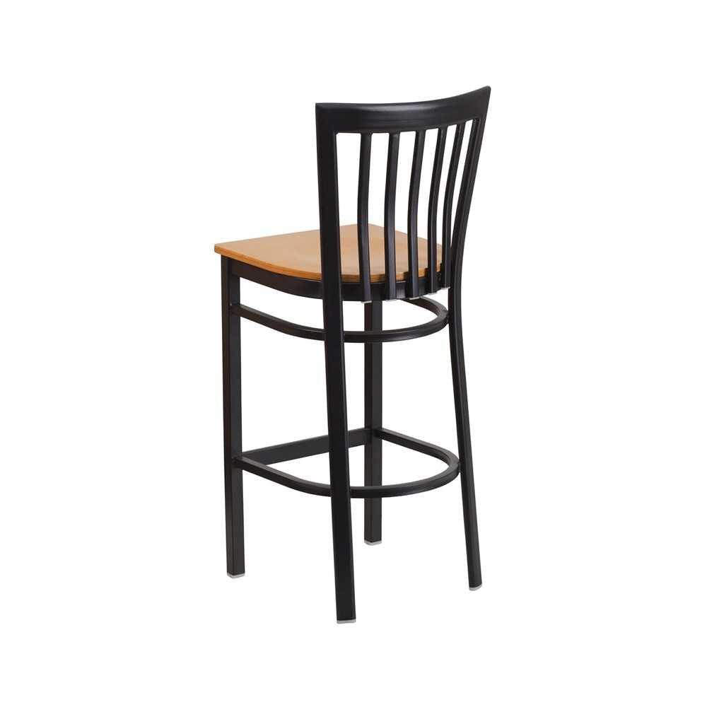 Black School House Back Metal Restaurant Barstool - Natural Wood Seat