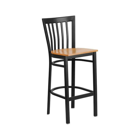 Black School House Back Metal Restaurant Barstool - Natural Wood Seat