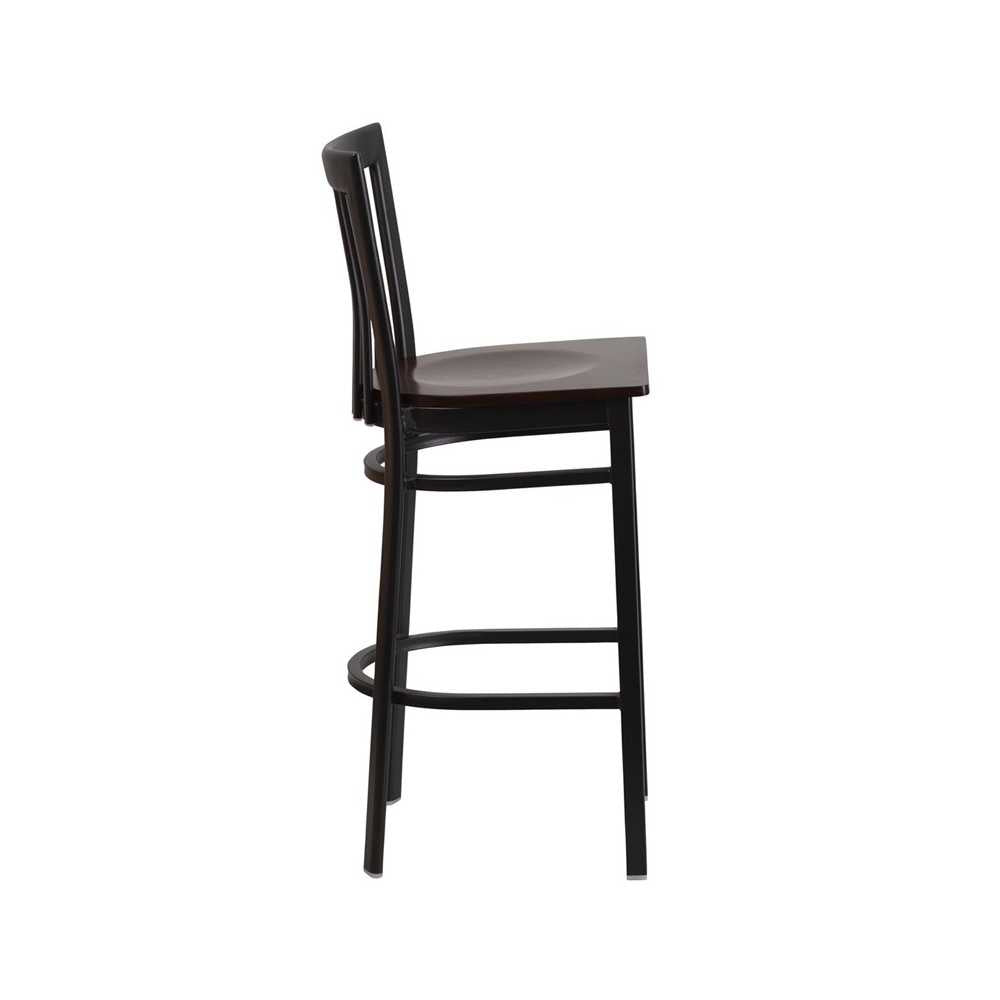 Black School House Back Metal Restaurant Barstool - Walnut Wood Seat
