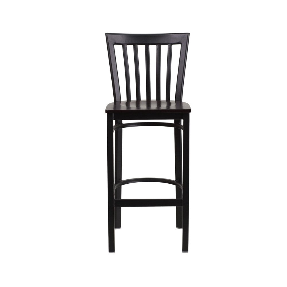 Black School House Back Metal Restaurant Barstool - Walnut Wood Seat