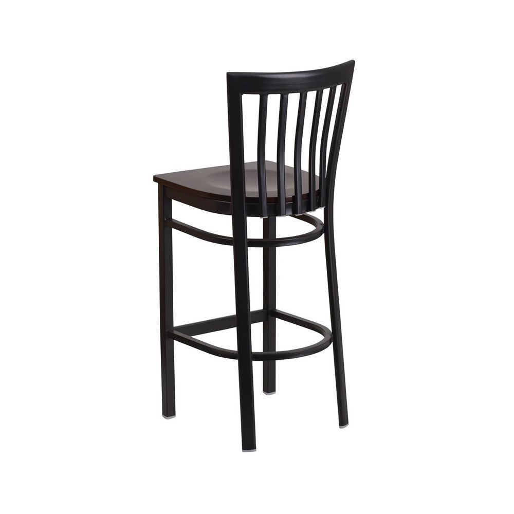 Black School House Back Metal Restaurant Barstool - Walnut Wood Seat