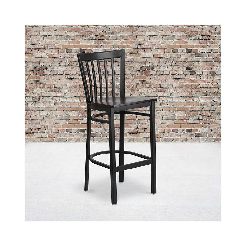 Black School House Back Metal Restaurant Barstool - Walnut Wood Seat