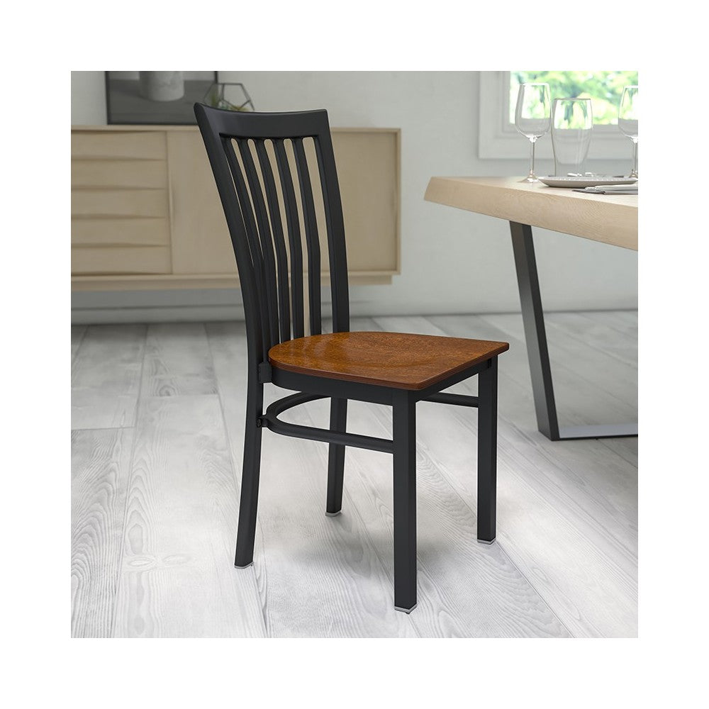 Black School House Back Metal Restaurant Chair - Cherry Wood Seat