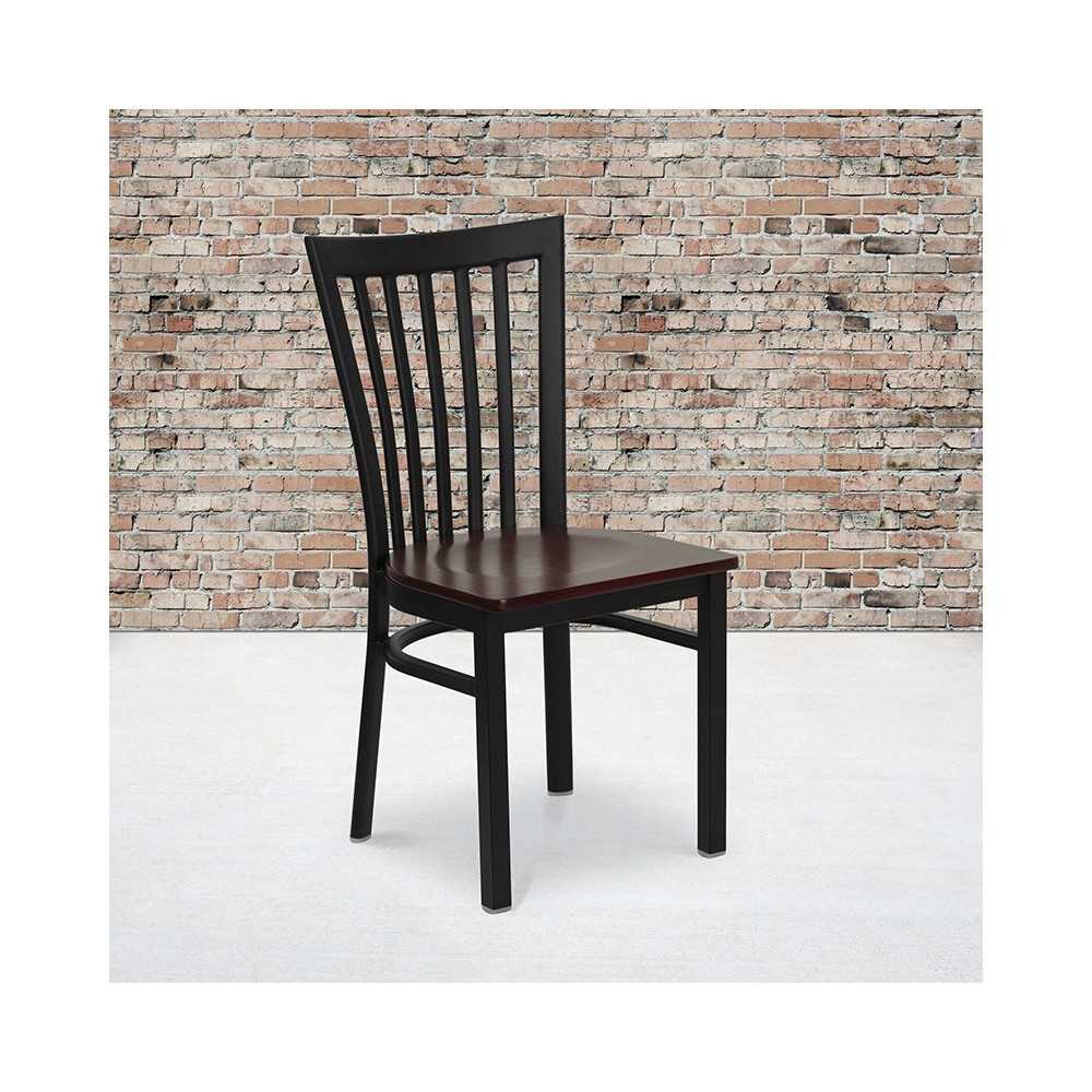 Black School House Back Metal Restaurant Chair - Mahogany Wood Seat