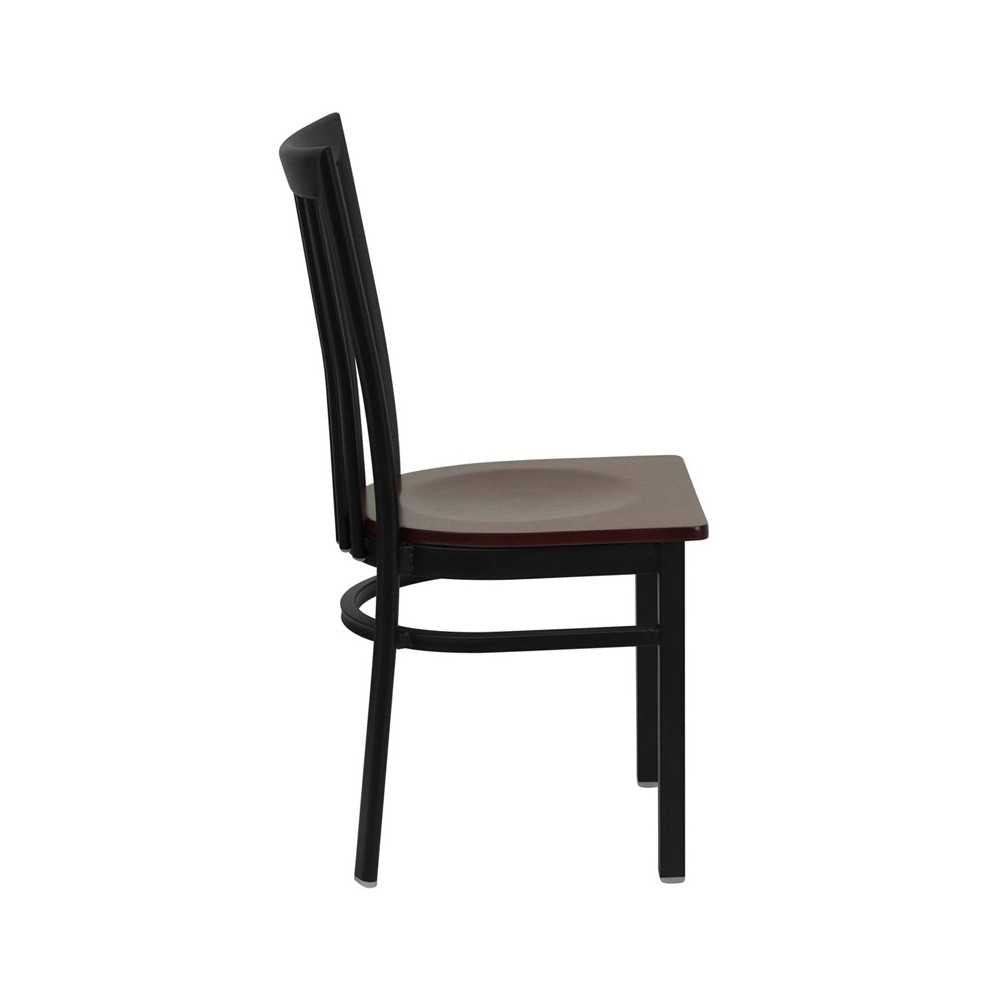 Black School House Back Metal Restaurant Chair - Mahogany Wood Seat