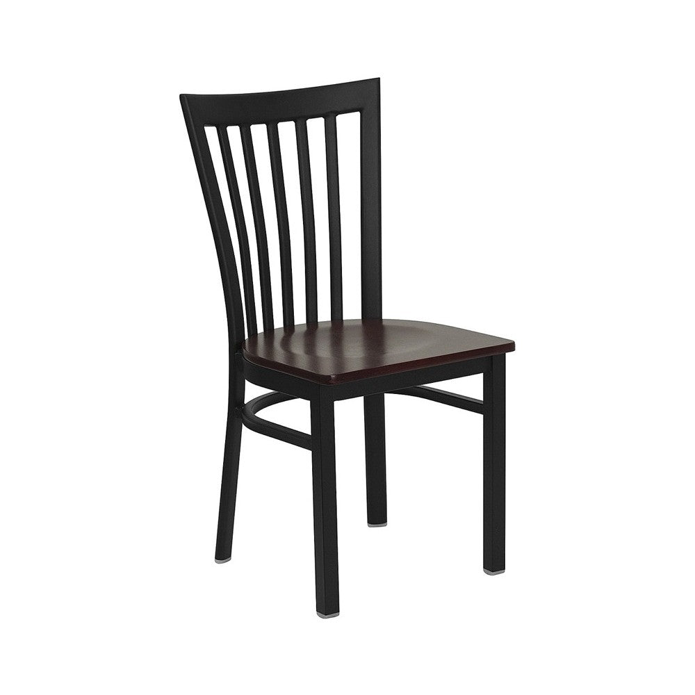 Black School House Back Metal Restaurant Chair - Mahogany Wood Seat