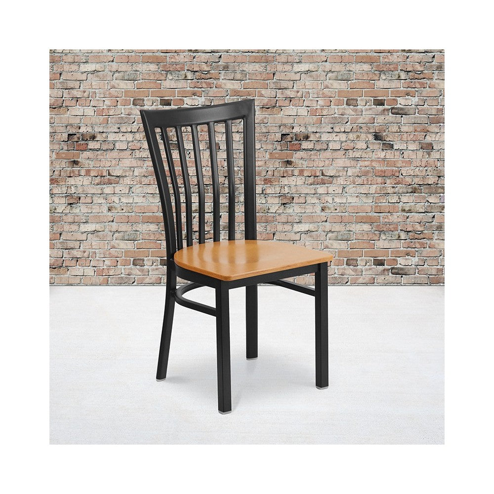 Black School House Back Metal Restaurant Chair - Natural Wood Seat