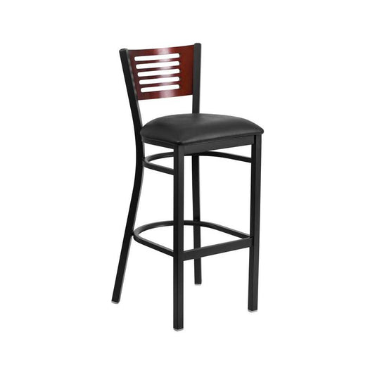 Black Slat Back Metal Restaurant Barstool - Mahogany Wood Back, Black Vinyl Seat