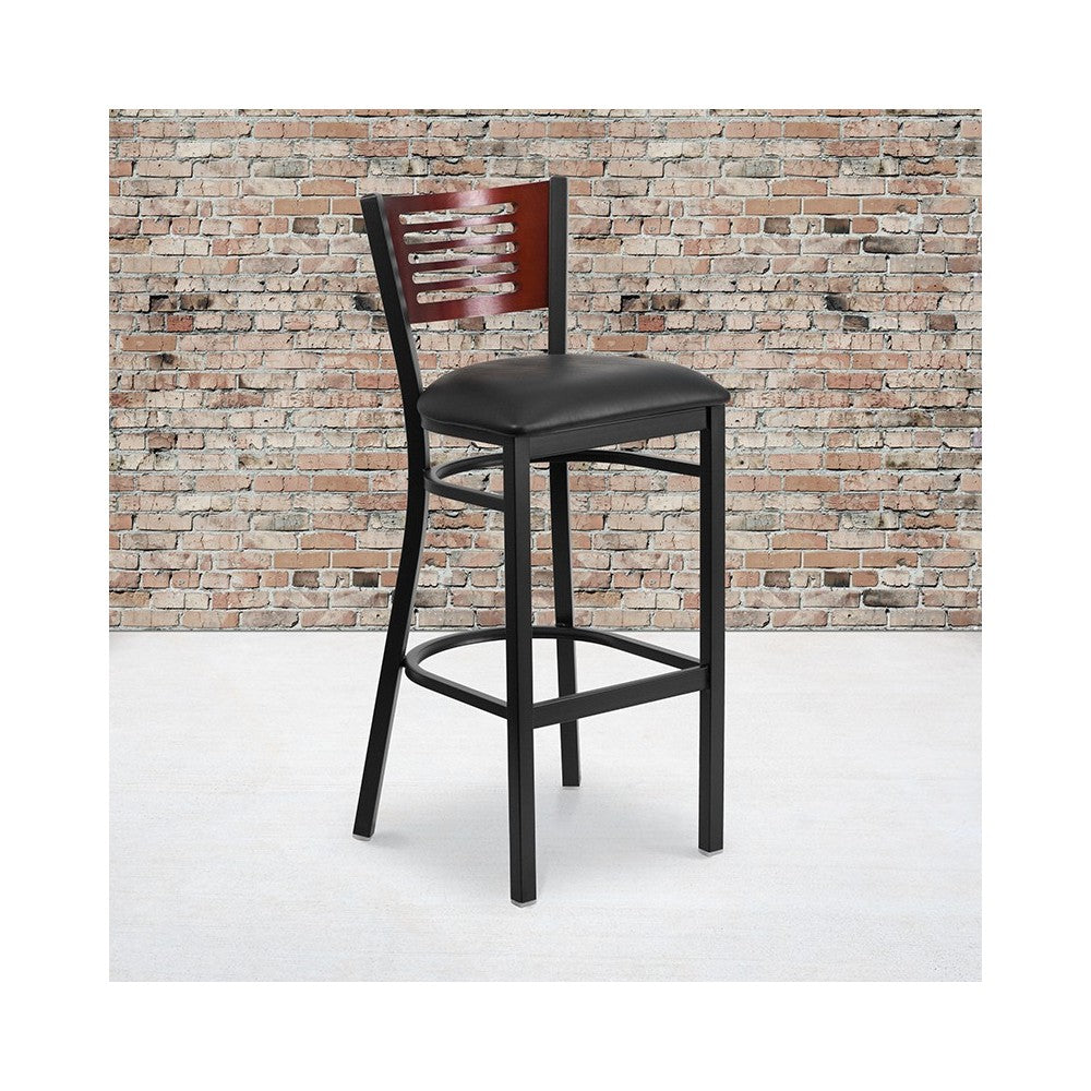 Black Slat Back Metal Restaurant Barstool - Mahogany Wood Back, Black Vinyl Seat