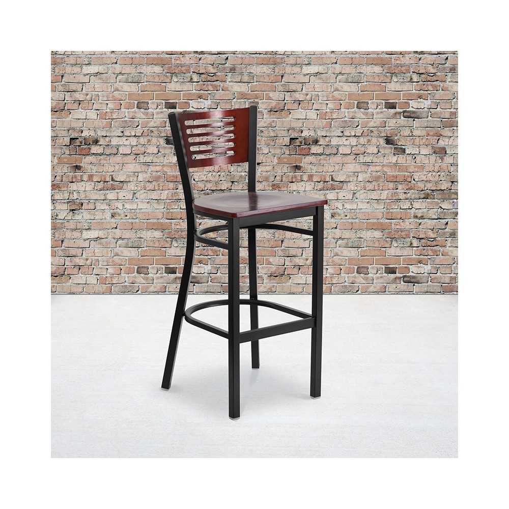 Black Slat Back Metal Restaurant Barstool - Mahogany Wood Back & Seat