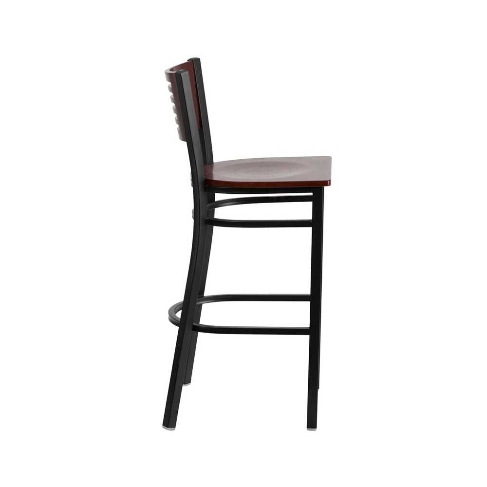 Black Slat Back Metal Restaurant Barstool - Mahogany Wood Back & Seat