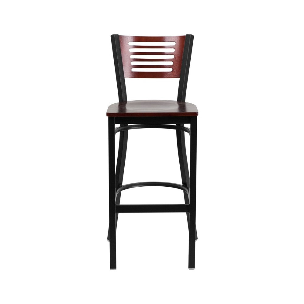 Black Slat Back Metal Restaurant Barstool - Mahogany Wood Back & Seat