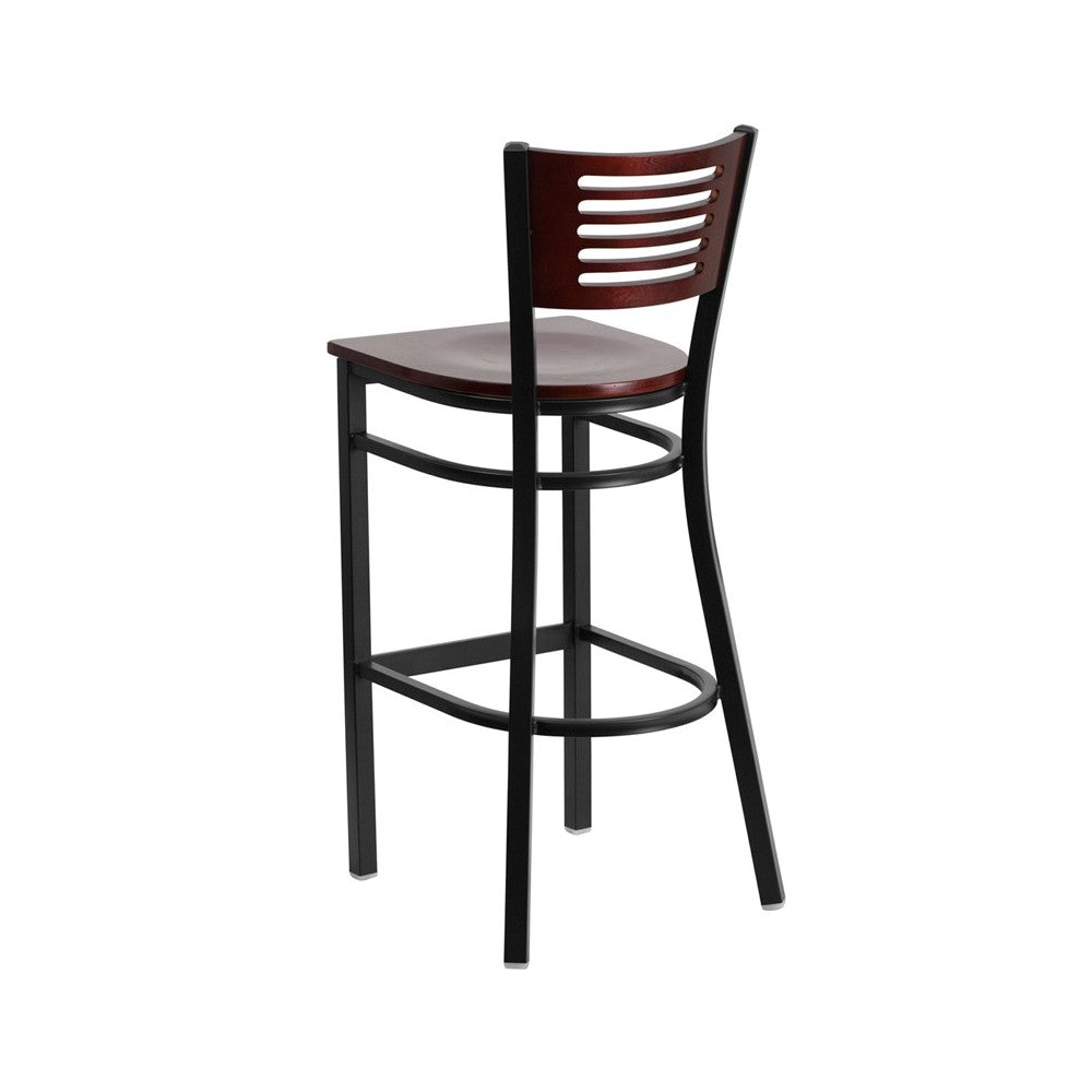 Black Slat Back Metal Restaurant Barstool - Mahogany Wood Back & Seat