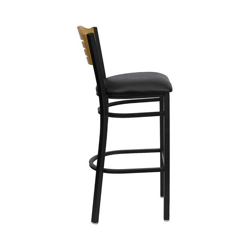 Black Slat Back Metal Restaurant Barstool - Natural Wood Back, Black Vinyl Seat