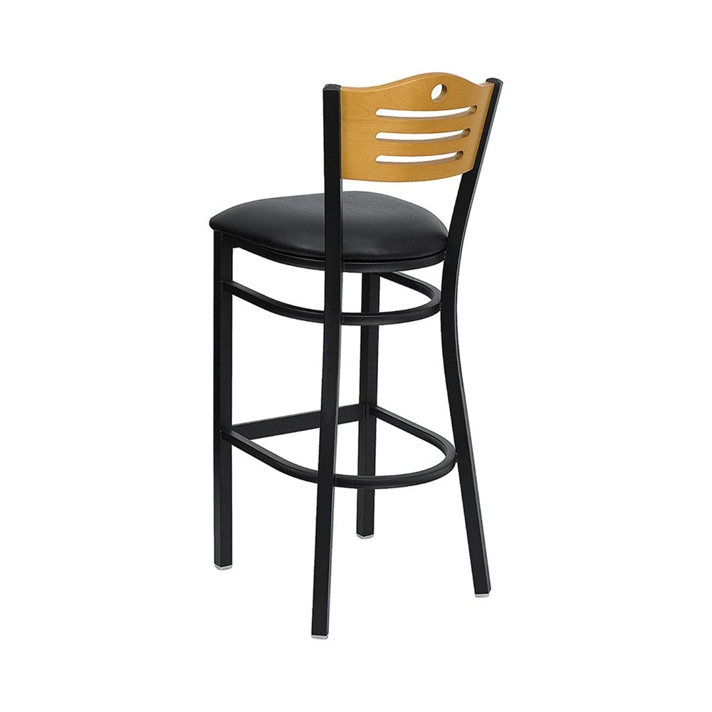 Black Slat Back Metal Restaurant Barstool - Natural Wood Back, Black Vinyl Seat