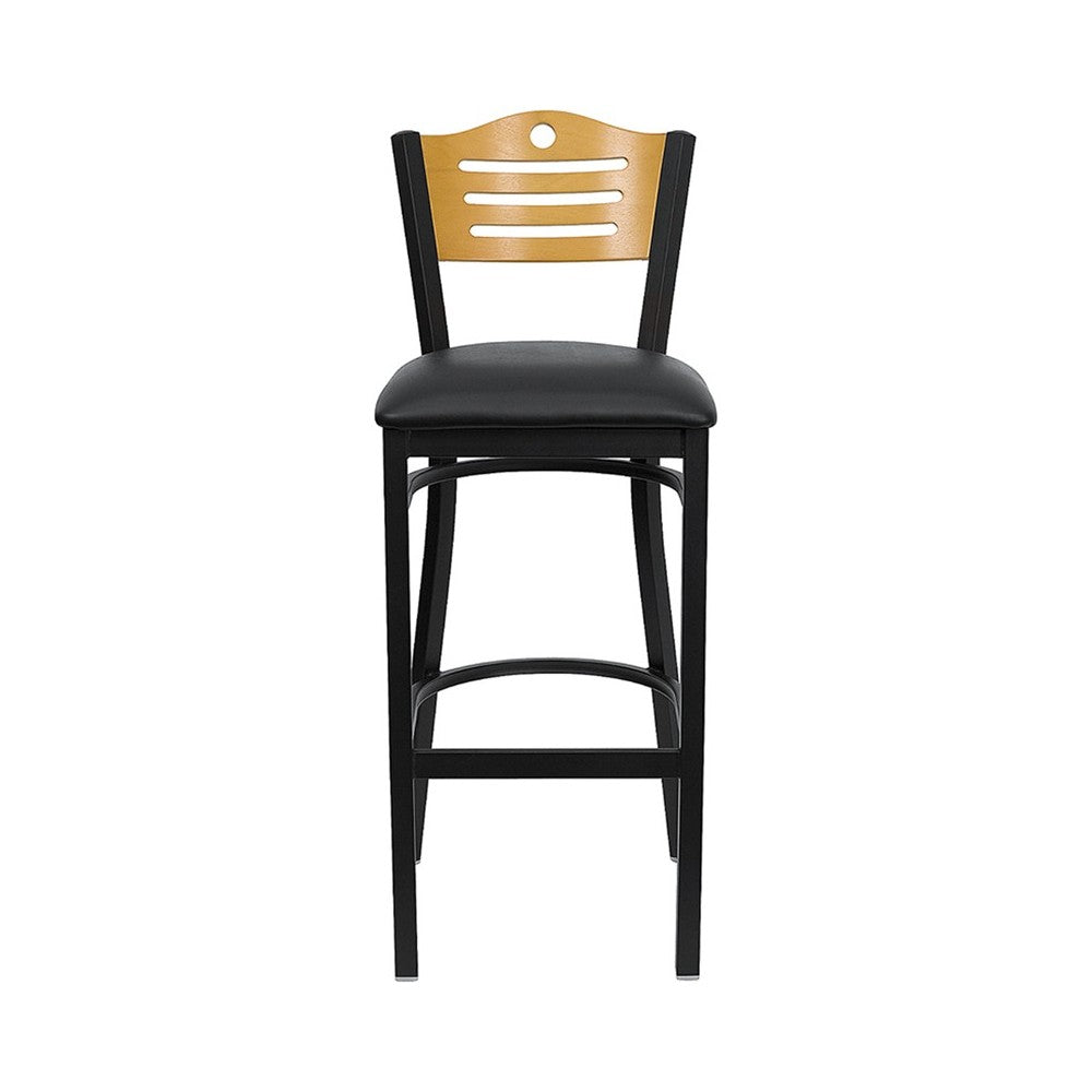 Black Slat Back Metal Restaurant Barstool - Natural Wood Back, Black Vinyl Seat