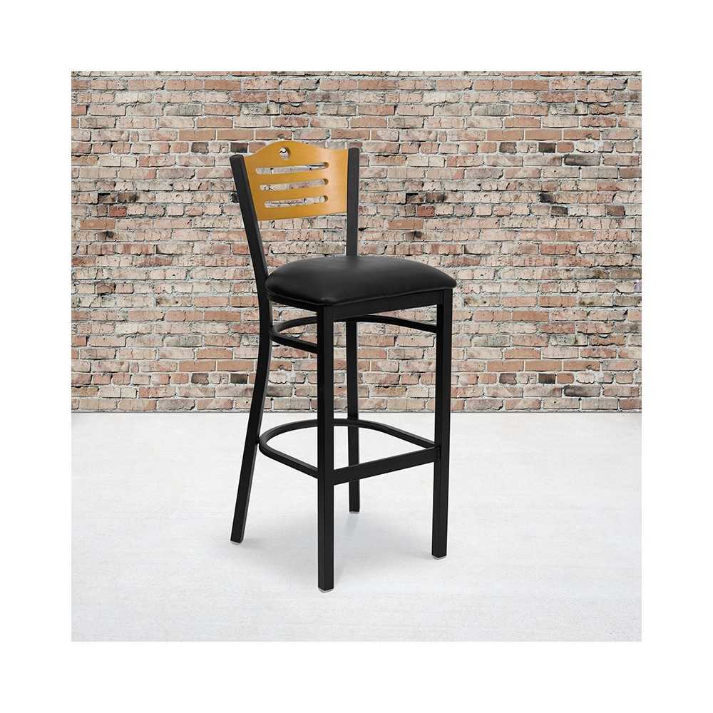 Black Slat Back Metal Restaurant Barstool - Natural Wood Back, Black Vinyl Seat