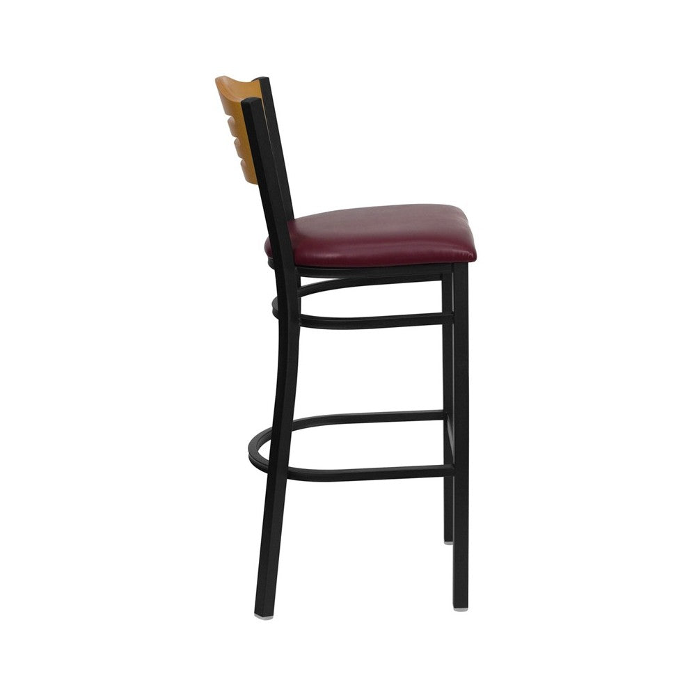 Black Slat Back Metal Restaurant Barstool - Natural Wood Back, Burgundy Vinyl Seat