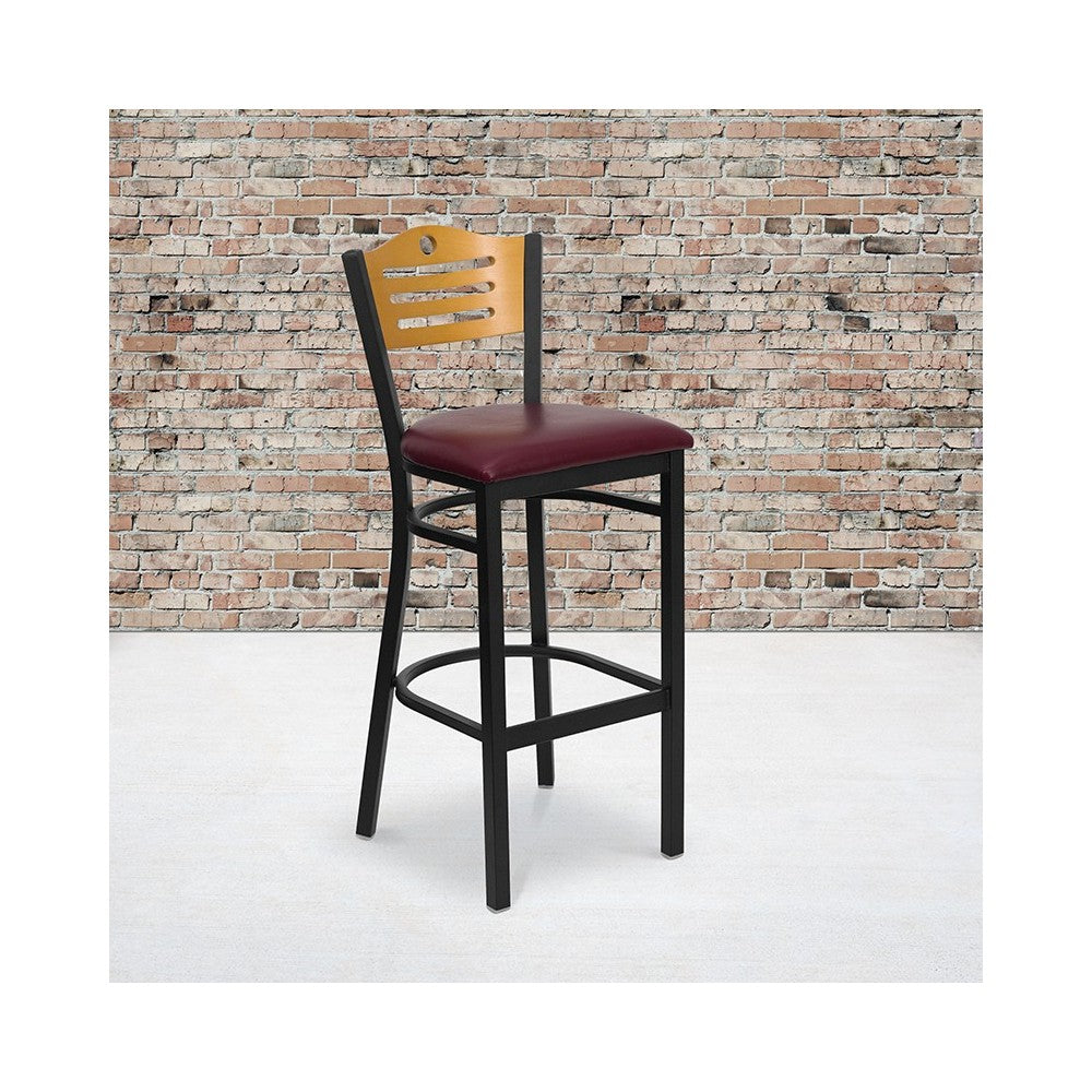 Black Slat Back Metal Restaurant Barstool - Natural Wood Back, Burgundy Vinyl Seat