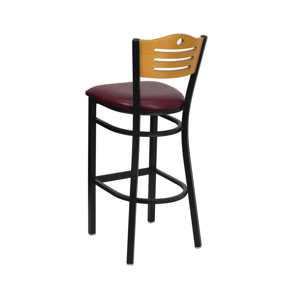 Black Slat Back Metal Restaurant Barstool - Natural Wood Back, Burgundy Vinyl Seat