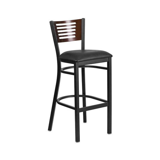 Black Slat Back Metal Restaurant Barstool - Walnut Wood Back, Black Vinyl Seat