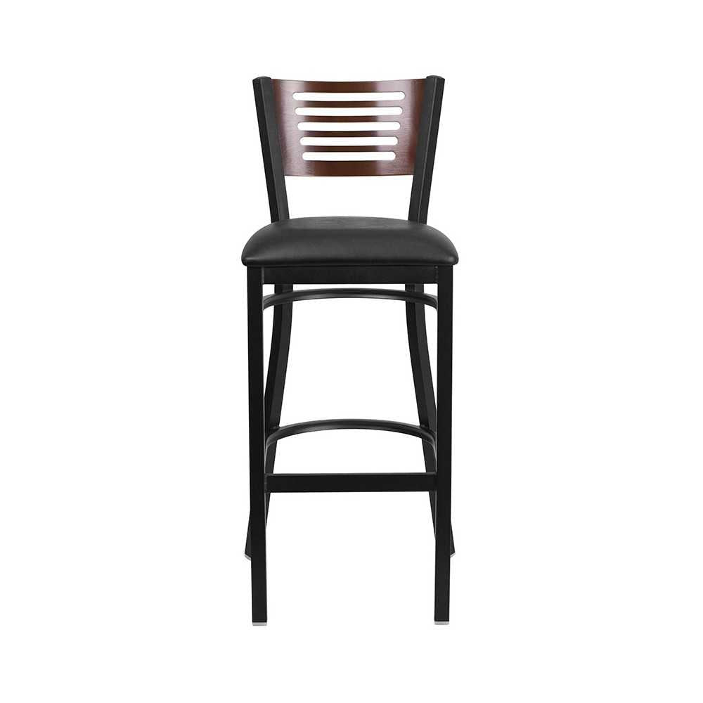 Black Slat Back Metal Restaurant Barstool - Walnut Wood Back, Black Vinyl Seat