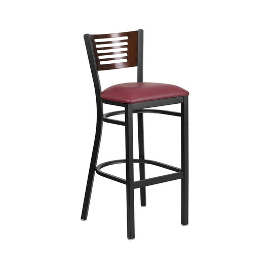 Black Slat Back Metal Restaurant Barstool - Walnut Wood Back, Burgundy Vinyl Seat