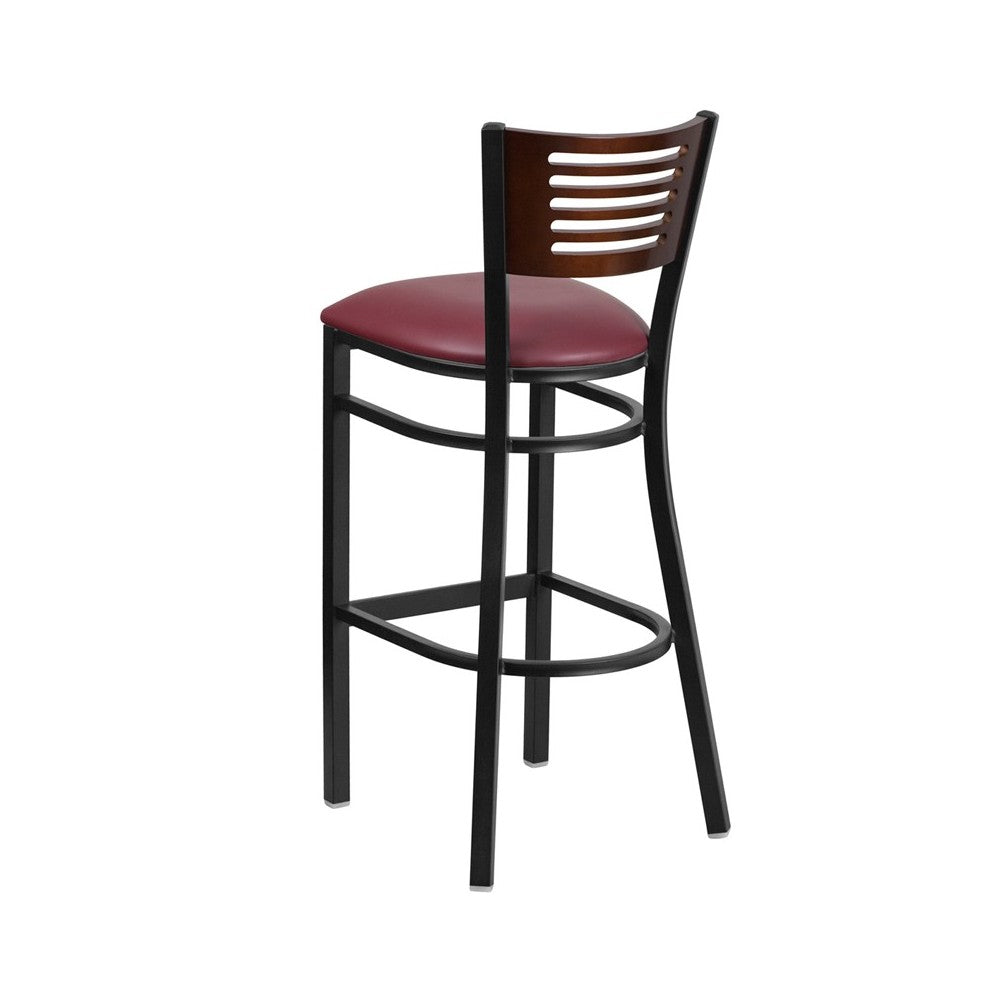 Black Slat Back Metal Restaurant Barstool - Walnut Wood Back, Burgundy Vinyl Seat