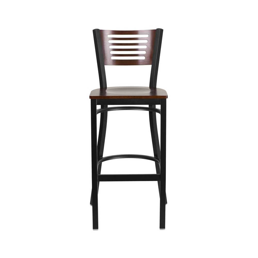 Black Slat Back Metal Restaurant Barstool - Walnut Wood Back & Seat
