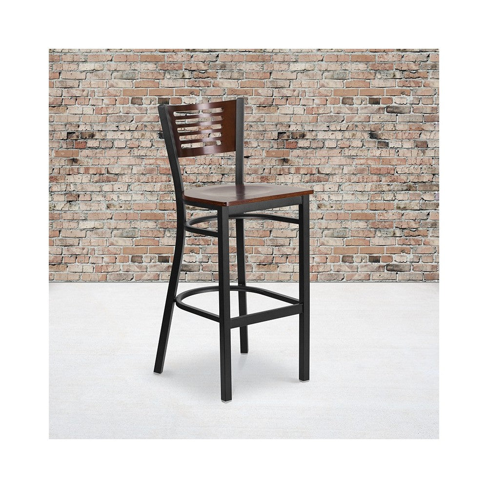 Black Slat Back Metal Restaurant Barstool - Walnut Wood Back & Seat
