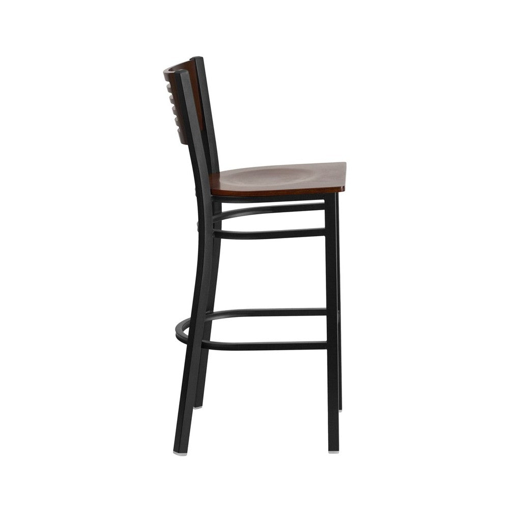 Black Slat Back Metal Restaurant Barstool - Walnut Wood Back & Seat