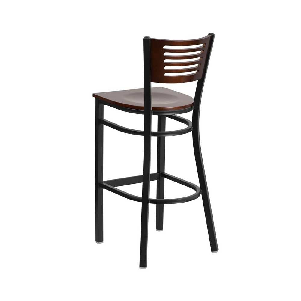 Black Slat Back Metal Restaurant Barstool - Walnut Wood Back & Seat
