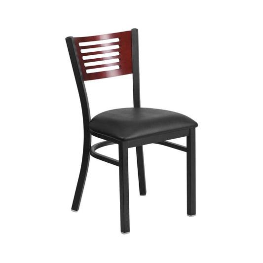 Black Slat Back Metal Restaurant Chair - Mahogany Wood Back, Black Vinyl Seat