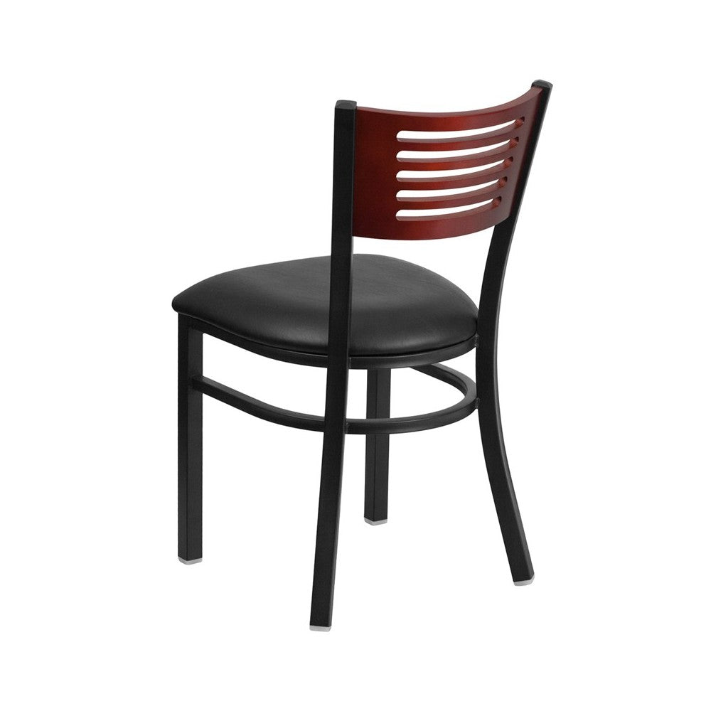 Black Slat Back Metal Restaurant Chair - Mahogany Wood Back, Black Vinyl Seat