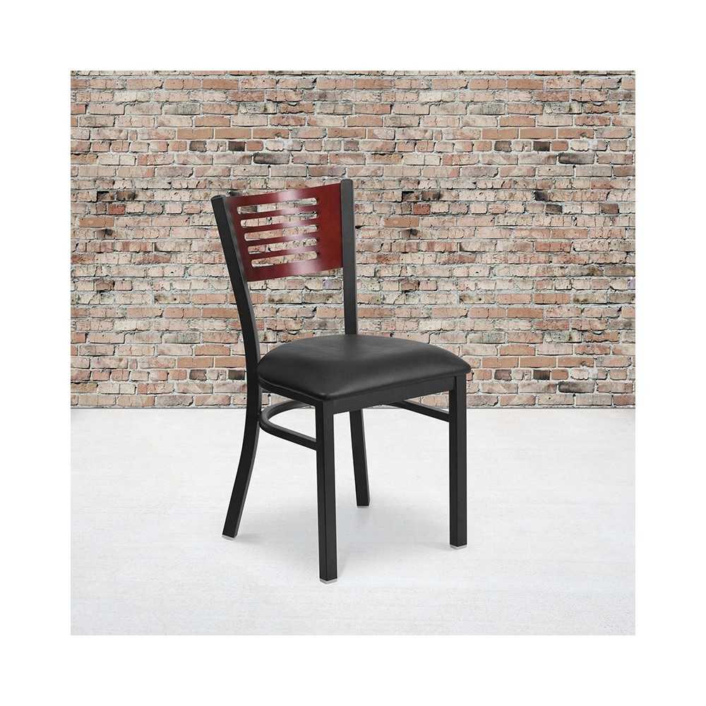 Black Slat Back Metal Restaurant Chair - Mahogany Wood Back, Black Vinyl Seat