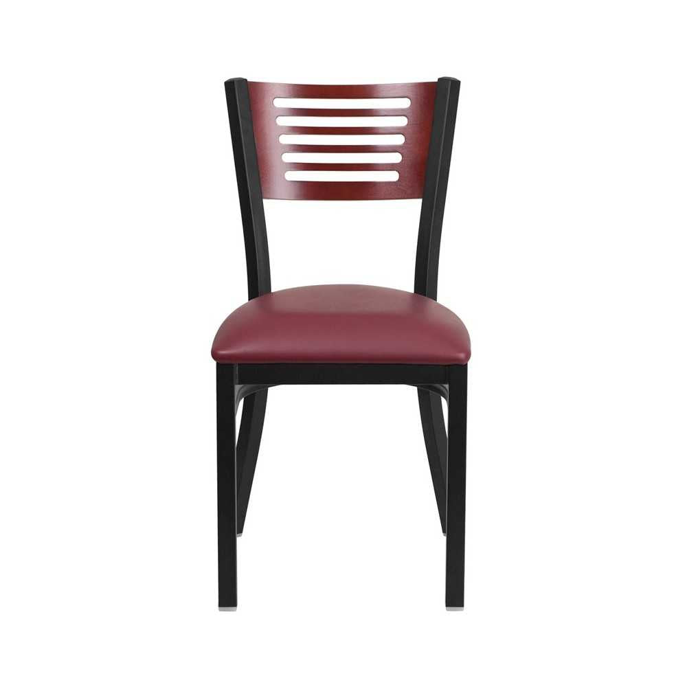 Black Slat Back Metal Restaurant Chair - Mahogany Wood Back, Burgundy Vinyl Seat