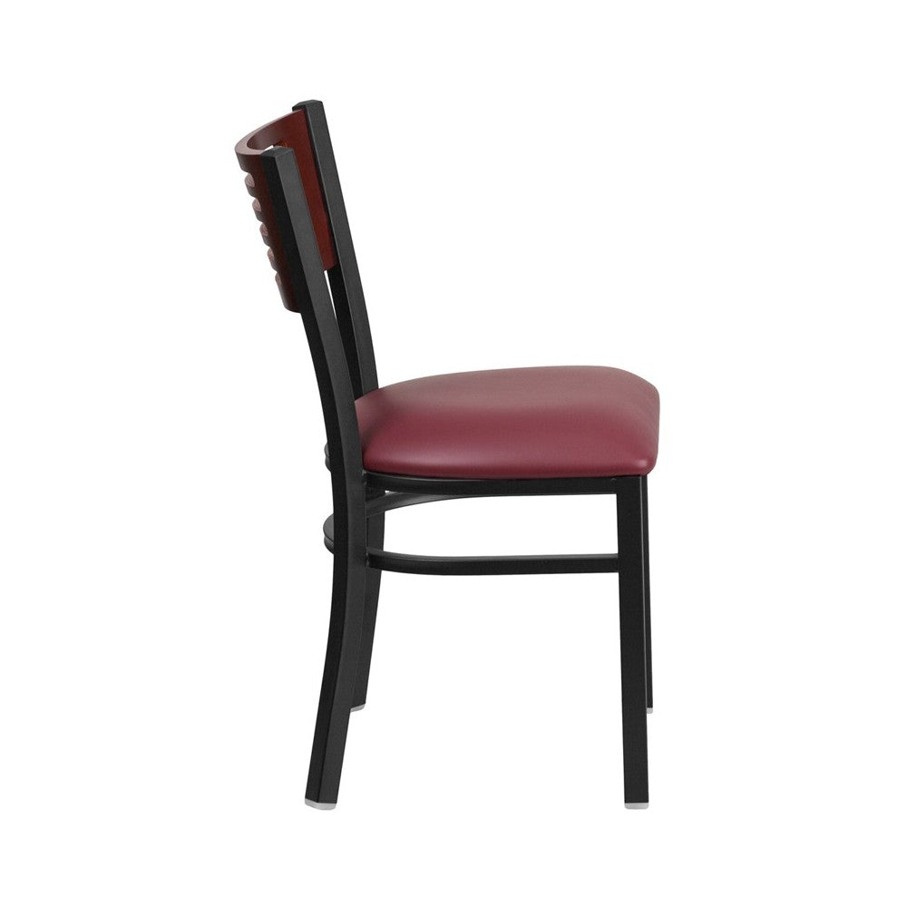 Black Slat Back Metal Restaurant Chair - Mahogany Wood Back, Burgundy Vinyl Seat