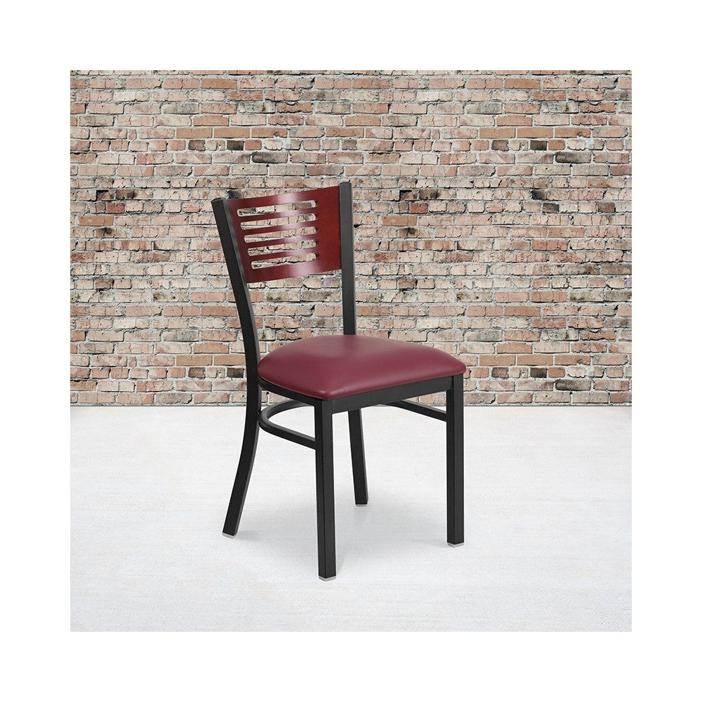 Black Slat Back Metal Restaurant Chair - Mahogany Wood Back, Burgundy Vinyl Seat