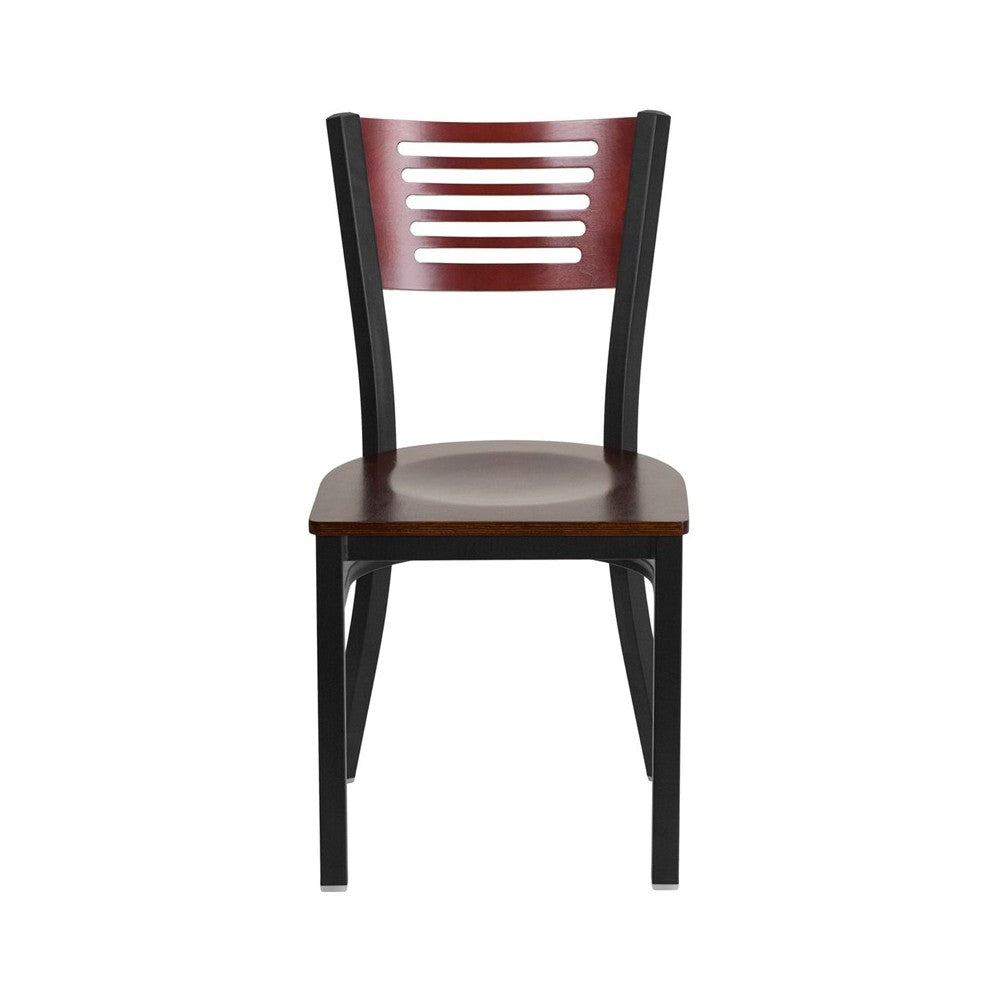 Black Slat Back Metal Restaurant Chair - Mahogany Wood Back & Seat
