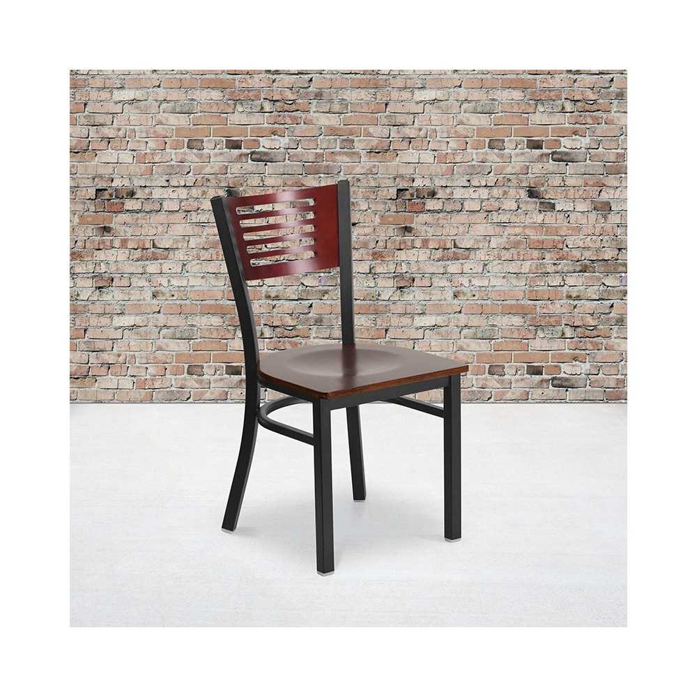 Black Slat Back Metal Restaurant Chair - Mahogany Wood Back & Seat