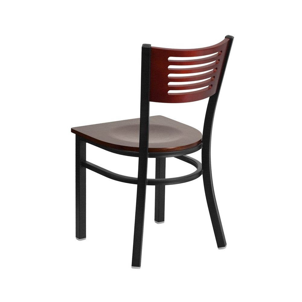 Black Slat Back Metal Restaurant Chair - Mahogany Wood Back & Seat