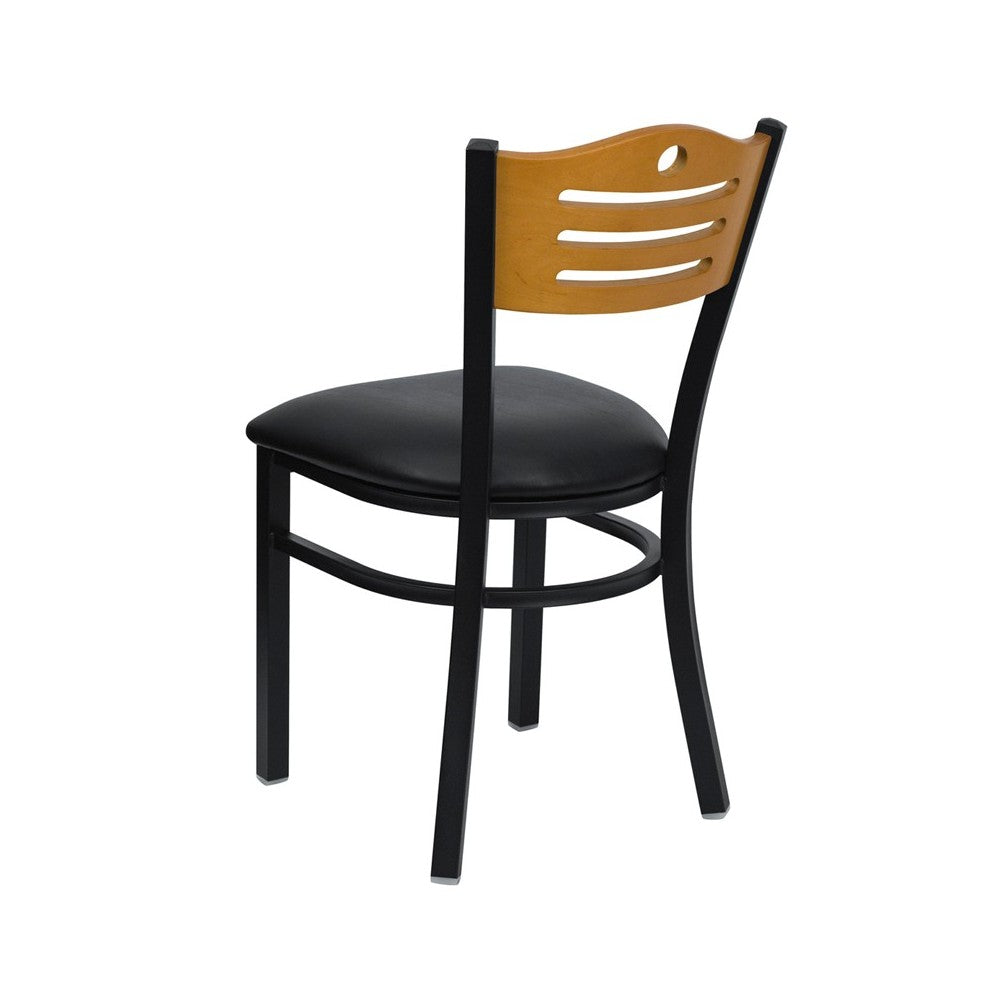 Black Slat Back Metal Restaurant Chair - Natural Wood Back, Black Vinyl Seat