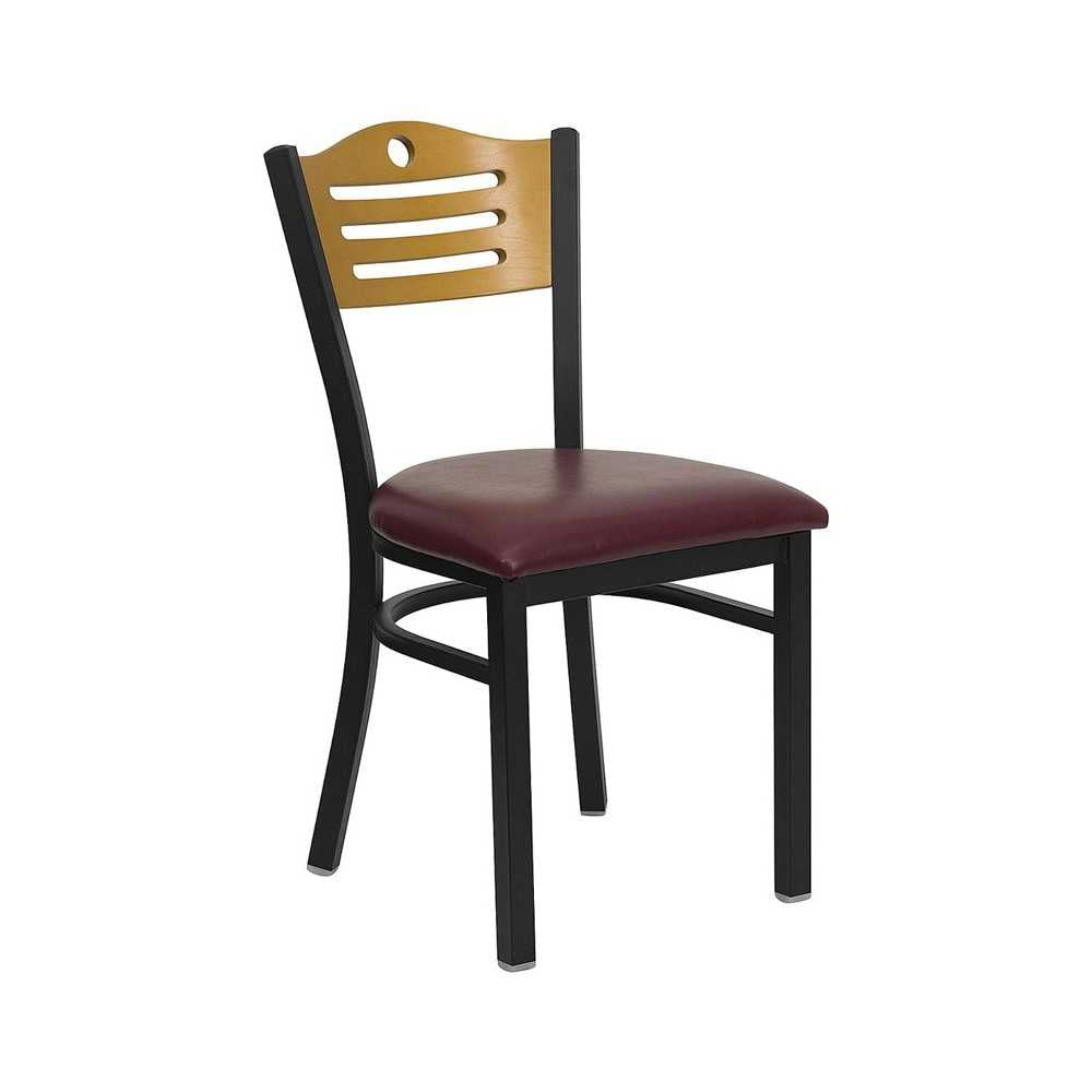 Black Slat Back Metal Restaurant Chair - Natural Wood Back, Burgundy Vinyl Seat