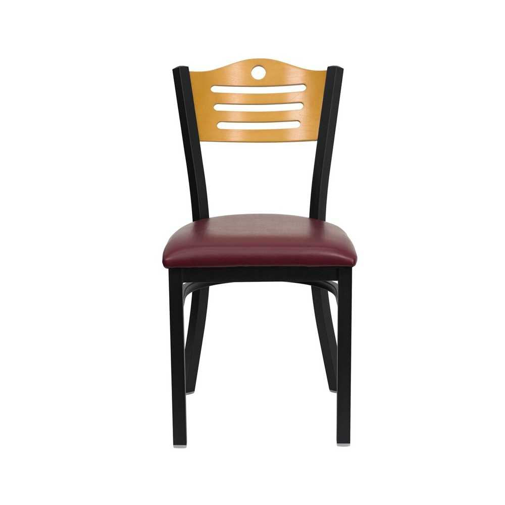 Black Slat Back Metal Restaurant Chair - Natural Wood Back, Burgundy Vinyl Seat