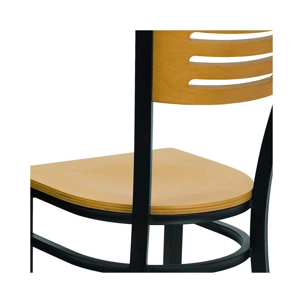 Black Slat Back Metal Restaurant Chair - Natural Wood Back & Seat